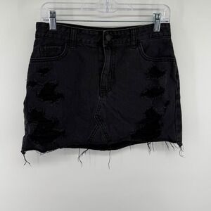 Hollister High Rise Distressed Denim‎ Mini Skirt Black Size 7 Y2K Grunge Raw Hem